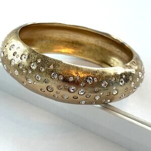 Gold Tone and CZ Inset Hammered Brass Bangle Bracelet